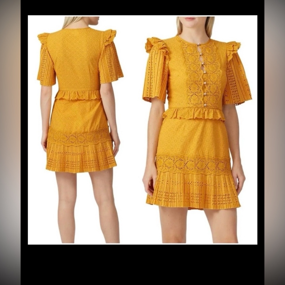 Saylor Layla Mini Dress Modest Lace Eyelet Cotton Ruffled in Mustard Size XS